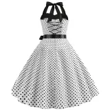 Women Holiday Polka Dot A-line Bow Tie Halter Dress