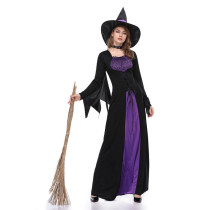 Women 3 Pieces Halloween Gothic Costume Witches Cosplay Maxi Dress with Necklaces and Hat