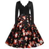 Women Santa Claus Long Sleeve Deep V Floral Collar Christmas Dress