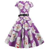 Women Vintage Sleeveless A-line Bowtie Bearded Santa Claus Print Ugly Christmas Dress