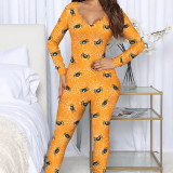 Women Halloween Terror Spider Cat Printed V-Neck Homewear Jumpsuit Cosplay