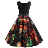 Women Vintage Sleeveless A-line Bowtie Santa Claus Print Ugly Christmas Dress