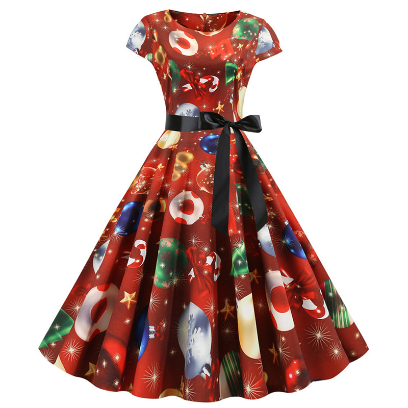 Women Vintage Sleeveless A-line Bowtie Santa Claus Snowman Print Ugly Christmas Dress