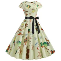 Women Vintage Dress Flying Sleeve Christmas Ornaments Gift Prints Christmas Dress