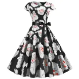 Women Vintage Sleeveless A-line Bowtie Bearded Santa Claus Print Ugly Christmas Dress