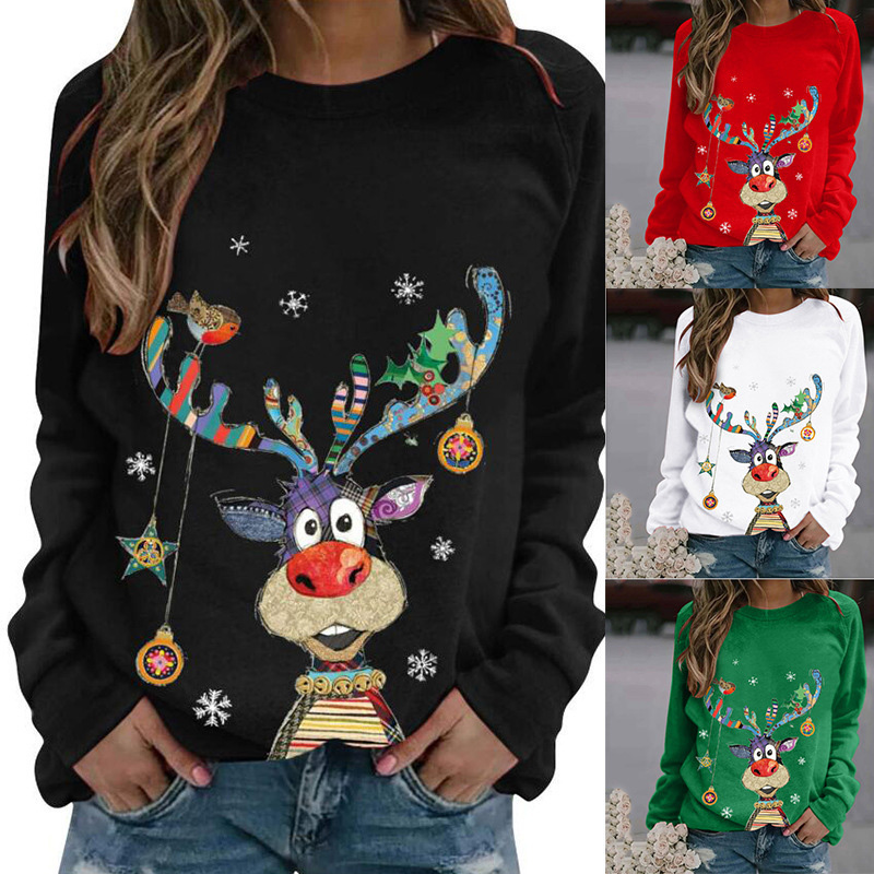 Women Christmas Shirt Snowflake Deer Printed Long Sleeve Sweatshirt