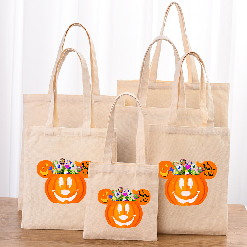 Halloween Eco Friendly Jack-o'-lantern Handle Canvas Bottomless Tote Bag