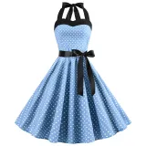 Women Holiday Polka Dot A-line Bow Tie Halter Dress
