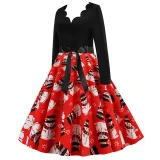 Women Santa Claus Long Sleeve Deep V Floral Collar Christmas Dress