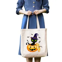 Halloween Eco Friendly The Boo Crew Cat Pumpkins Handle Canvas Tote Bag