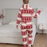 Women Snowflake Reindeer Cotton Flannel Hooded Bodysuit Christams Pajamas
