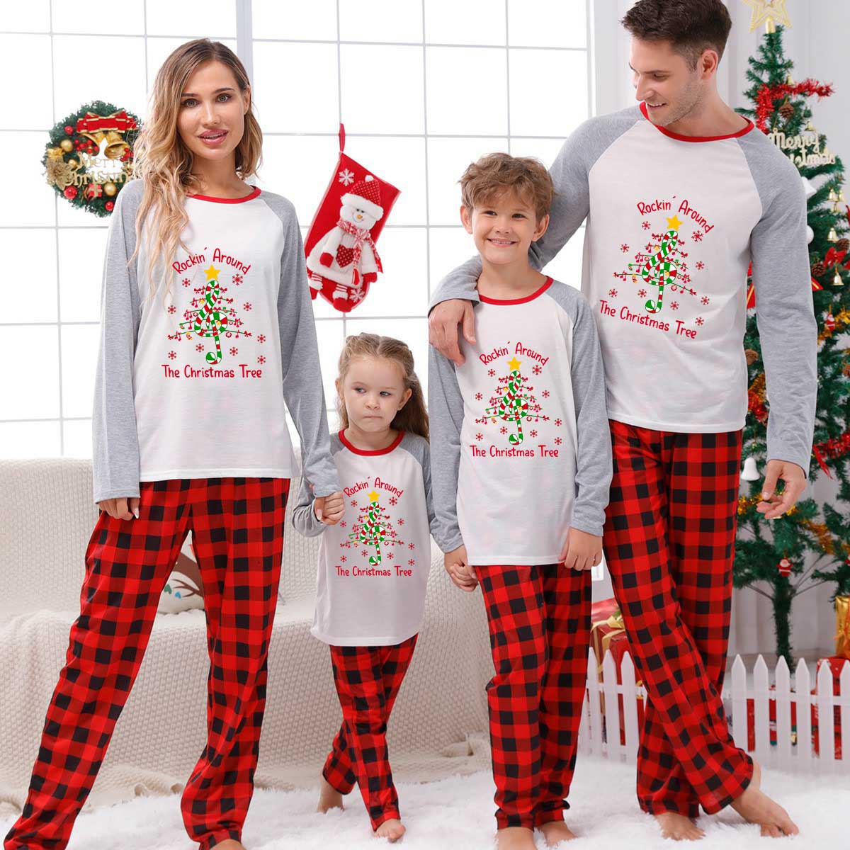 Christmas Matching Family Pajamas Snowflake Rocking Around The Christmas Tree Red Pajamas Set