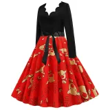Women Santa Claus Long Sleeve Deep V Floral Collar Christmas Dress
