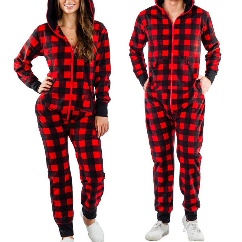 Christmas Couple Matching Pajamas Sets Snowflake Deer Hooded Christmas Jumpsuit