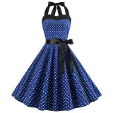 Women Holiday Polka Dot A-line Bow Tie Halter Dress