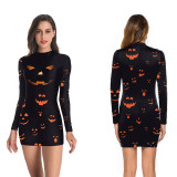 Women Halloween Costume Long Sleeve Spider Web Prints Cosplay Mini Dress