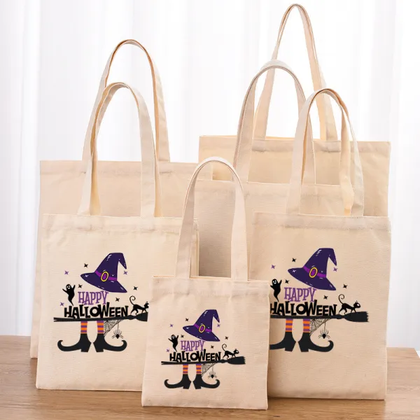 Halloween Eco Friendly Happy Halloween Witch Handle Canvas Bottomless Tote Bag