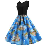 Women Vintage Sleeveless A-line Bowtie Santa Claus Print Ugly Christmas Dress
