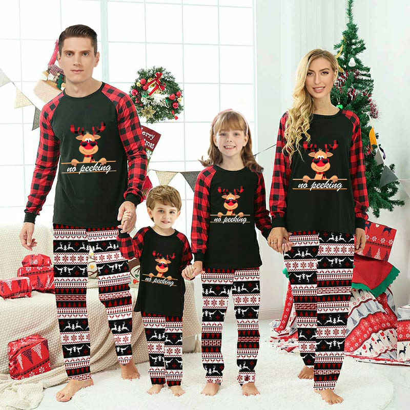 Christmas Matching Family Pajamas Funny No Peeking Deer Red Black Pajamas Set