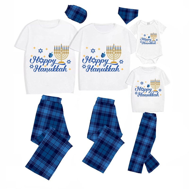 Christmas Matching Family Pajamas Happy Hanukkah Candlestick Blue Short Pajamas Set