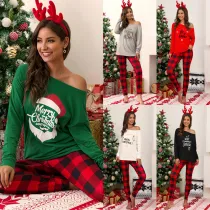 Women Two Pieces Homewear One Shoulder Long Sleeve Tops and Plaid Pants Christams Pajamas