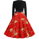 Women Santa Claus Long Sleeve Deep V Floral Collar Christmas Dress