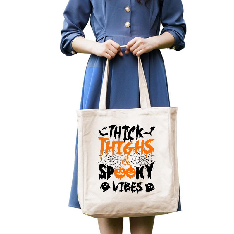 Halloween Eco Friendly Thick Thighs Spooky Vibes Handle Canvas Tote Bag
