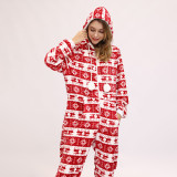 Women Snowflake Reindeer Cotton Flannel Hooded Bodysuit Christams Pajamas