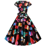 Women Vintage Sleeveless A-line Bowtie HO HO Santa Claus Print Ugly Christmas Dress