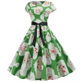 Women Vintage Sleeveless A-line Bowtie Bearded Santa Claus Print Ugly Christmas Dress