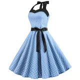 Women Holiday Polka Dot A-line Bow Tie Halter Dress
