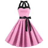 Women Holiday Polka Dot A-line Bow Tie Halter Dress