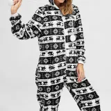 Women Snowflake Reindeer Cotton Flannel Hooded Bodysuit Christams Pajamas