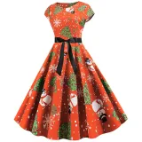 Women Vintage Sleeveless A-line Bowtie HO HO Santa Claus Print Ugly Christmas Dress