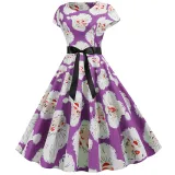 Women Vintage Sleeveless A-line Bowtie Bearded Santa Claus Print Ugly Christmas Dress