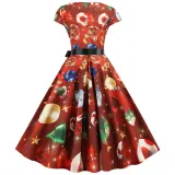 Women Vintage Sleeveless A-line Bowtie Santa Claus Snowman Print Ugly Christmas Dress