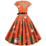Women Vintage Sleeveless A-line Bowtie HO HO Santa Claus Print Ugly Christmas Dress