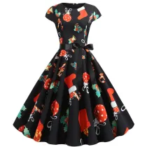 Women Christmas Santa Socks Sleeveless A-line Floral Print Christmas Dress