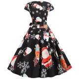 Women Vintage Sleeveless A-line Bowtie Santa Claus Snowman Print Ugly Christmas Dress