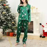 Women Two Pieces Fabric Cotton Pajamas Santa Snowman Christmas Green Sleepwear Set