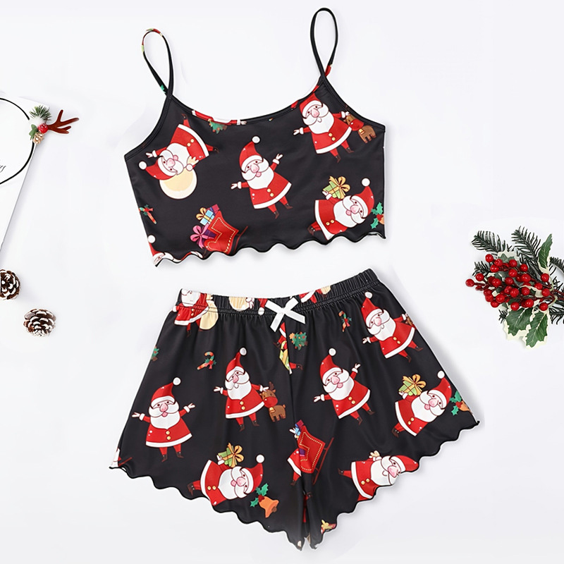 Women Two Pieces Pajamas Santa Snowman Printed Cami Crop and Shorts Christmas Sleepwear Set