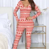 Christams Women HO HO Snowflake Lattice Homewear Christams Jumpsuit