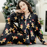 Women Two Pieces Fabric Cotton Pajamas Gingerbread Man Christmas Black Sleepwear Set