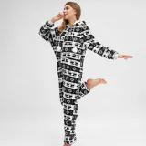 Women Snowflake Reindeer Cotton Flannel Hooded Bodysuit Christams Pajamas