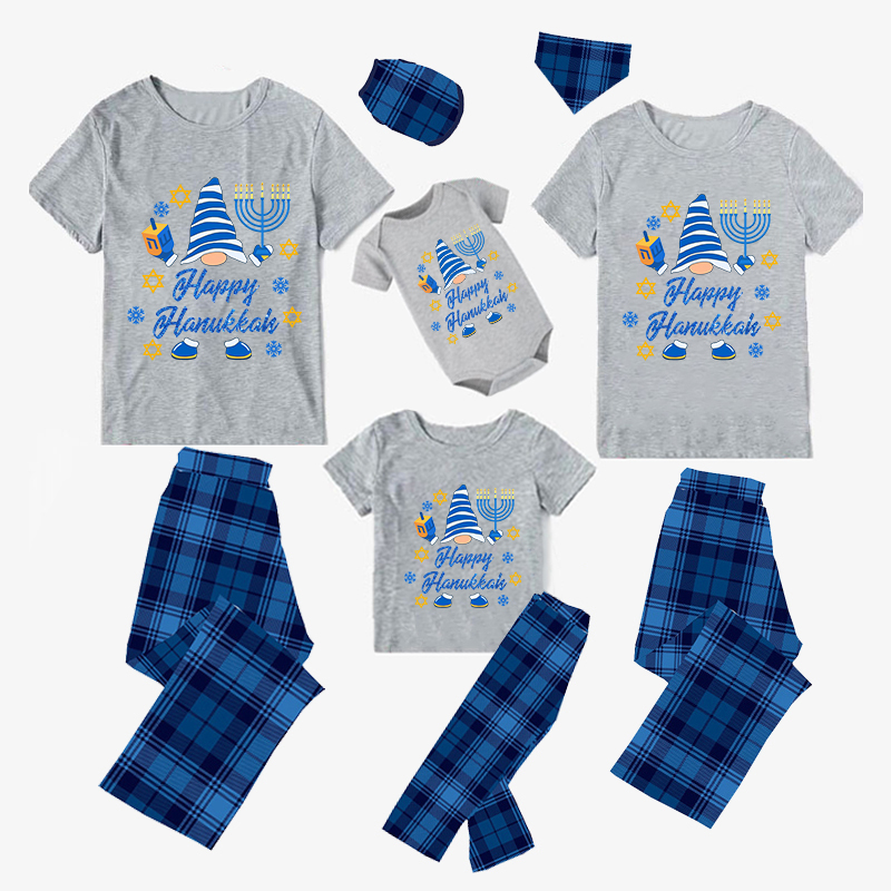 Christmas Matching Family Pajamas Happy Hanukkah Candlestick Snowflakes Blue Short Pajamas Set