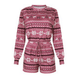 Women Two Pieces Pajamas Christmas Snowflake Long Sleeve Tops And Shorts Christmas Sleepwear Set