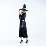 Women Halloween Gothic Costume Witches Cosplay Midi Dress with Witch hat
