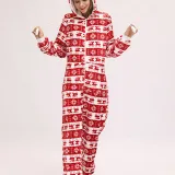 Women Snowflake Reindeer Cotton Flannel Hooded Bodysuit Christams Pajamas