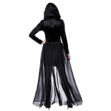 Women Halloween Witches Cosplay Sorceress Costume Mesh Mini Dress with Cape