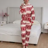 Women Snowflake Reindeer Cotton Flannel Hooded Bodysuit Christams Pajamas